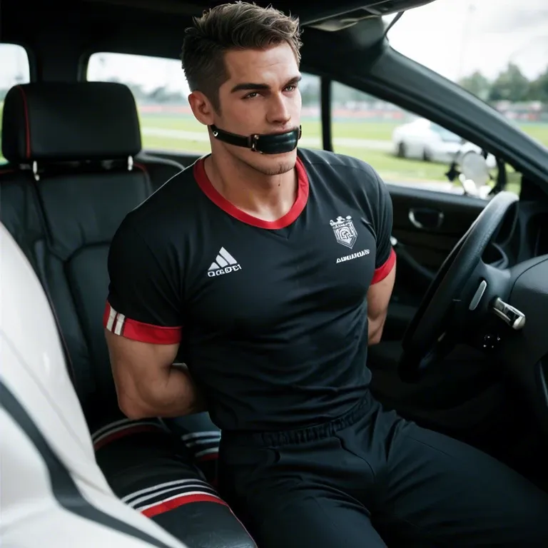 Gay man tied up and gagged, hands behind back, wearing soccer jersey red, car trunk