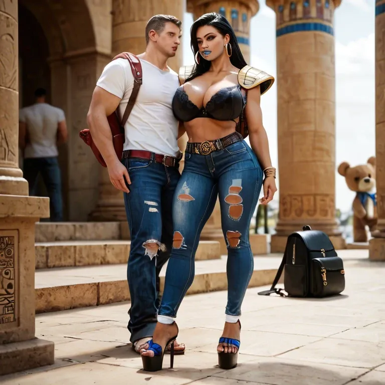 1girl,1boy, , , , blue lipstick,showing feet,huge breasts,backpack,shoulder pads, jeans,egyptian palace,hoop earrings,black bra,sandals, ripped pants,white socks,belt,teddy,platform heels, maid dress,socks,feet tied,white bra,strappy sandals, sit on a couch, at the beach, throne room, linked collars