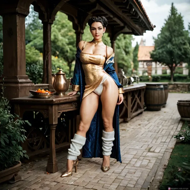 1girl,solo, , , , china dress,shiny,perky boobs,thin waists,off shoulder, open uniform,leg warmers,gold choker,panties on,high heels, park, medieval tavern, cyborg, 2 boys, belle