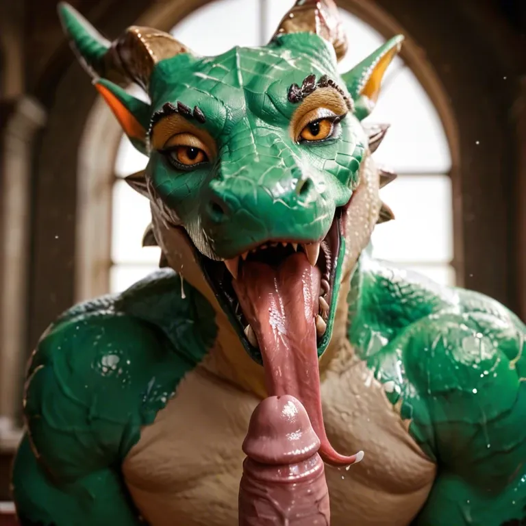 Green wet dragon with a long tongue without fur licking dick, when dick in middle of the tits