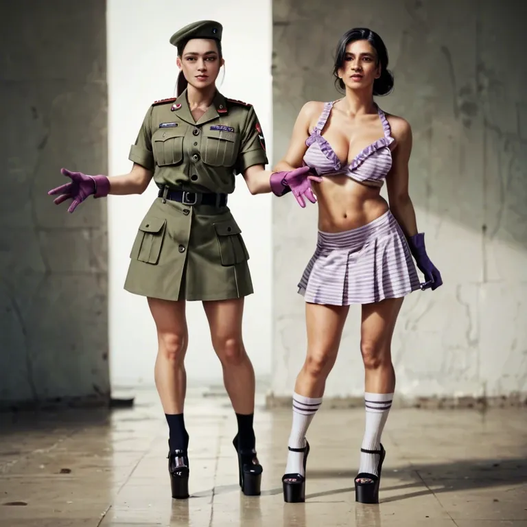 2girl, , , , cute nose,soft warm light,saggy boobs,reaching back,knee-high, shirt pull,socks,purple gloves,frilled bikini,platform heels, army uniform,striped skirt,collarbone,leotard,stiletto heels, bedroom, cyberpunk, robot girl, digital art, well-lit, 2b, belle