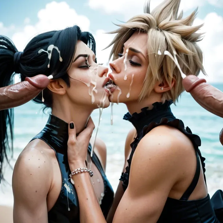 cloud strife femboy ,tracer femboy , skinny,  2 femboys, kissing, couple, gothic dress, bukake, cum on face,  cum splashes from multiple dicks, cum on hair, cum dripping from mouth, tears, kneeling, braids with bows, messy cum, gushing cum, full face covered in sperm