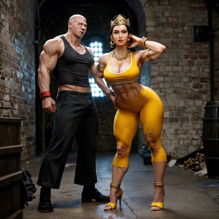 1girl,1boy, , , , squint eyes,armlets,whore cleavage,low waisted,standing up, ripped pants,anklets,gold tiara,sports bra,high heels, street fighter, dungeon, super mario, wonder woman, mari makinami