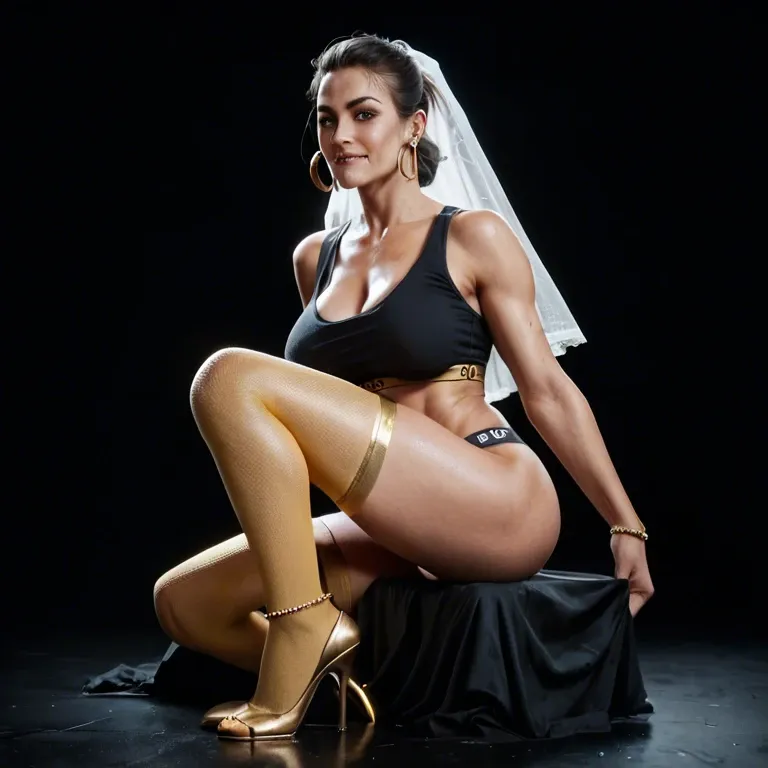 1girl,solo, , , , biting own lip,four legged,large breasts,dark background,anklets, undressing,knee-high socks,rings,sports bra,high heels, tank top,gold stockings,veil,tight swimsuit,thigh boots, shirtless,lace stockings,witch hat,bra,boots, school uniform, on the street, medieval theme, table, riding a dildo, source anime, dark alley, linked, waifu