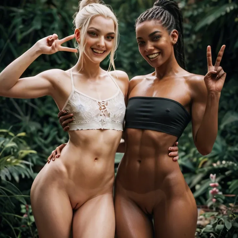 2girl, , , , stretching ass,4 fingers,flat chest,very slim waist,natural skin, black teeth,v hand sign,perky breast,high waisted,bare shoulders, touching pussy,five fingers,saggy breasts,breast grab,shoulder, lifting shirt,heart necklace,cap,lace panties,platform heels, cocktail dress,laced,latex gloves,latex corset,white boots, office dress, mountains, castle, cyborg girl, detailed hands, dark brown eyes, linked collars, waifu