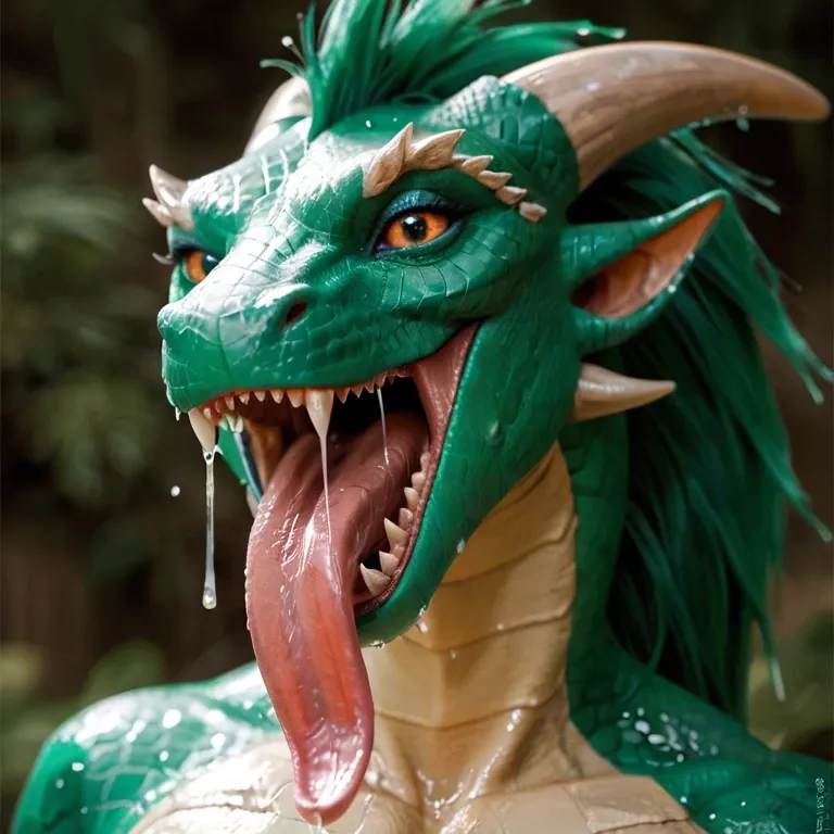 Green wet dragon with a long tongue without fur licking dick, when dick in middle of the tits