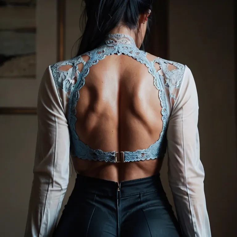 The image is a portrait of a young woman with long dark hair. She is standing with her back to the camera, facing away from the camera. The woman is wearing a blue lace top with long sleeves and a white thong. The top has a deep V-neckline and the thong is low-rise. The background is a gradient of blue and pink, with a subtle wave pattern. The overall mood of the image is sensual and intimate