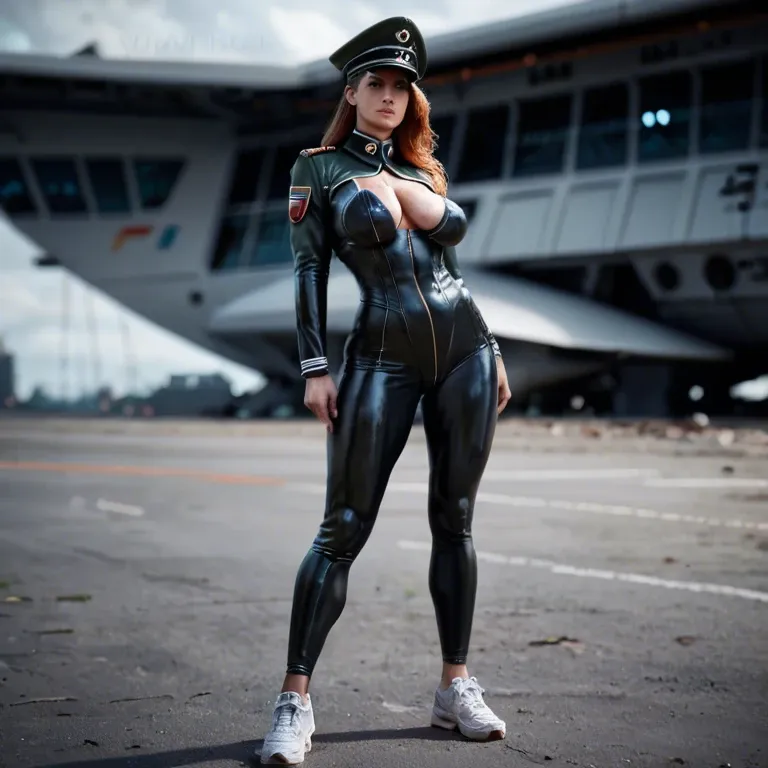 1girl,solo, , , , light blue eyes,fat arm folds,saggy breasts,hip thrusts,glossy skin, army uniform,laces,military hat,string bodysuit,sneakers, barbie, depth of field, spaceship, snake bondage, unforgettable, princess zelda, spider-gwen, waifu