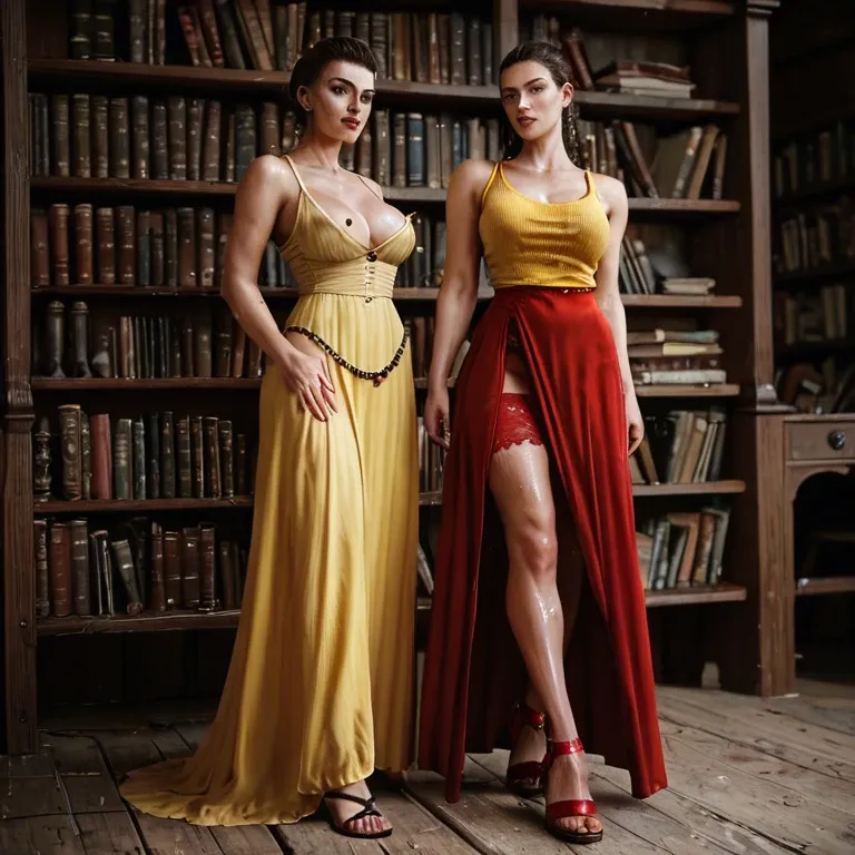 2girl, , , , wet lips,thin legs,sucking nipple,waists,yellow tank top, long dress,red stockings,beaded jewelry,showing thong,sandals, nobara, battlefield, medieval prison, book shelf, on the bed, detailed body, bright day, princess peach, wonder woman, ariel waifu