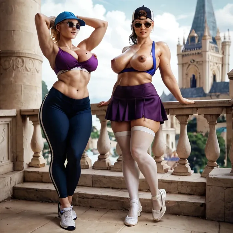 2girl, , , , mole on breast,armpit fetish,molded nipples,love handles,oily skin, purple dress,palace,sports cap,mini skirt bra,ballet shoes, pants down,white stockings,sunglasses,mini skirt bra,boots, hotel exterior, on beach, medieval, lara croft, spider-gwen