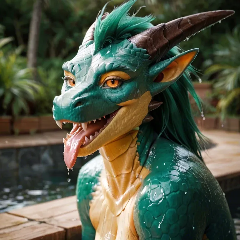 green, wet, dragon without fur, with big tits, twists the dick with tongue,in front of you