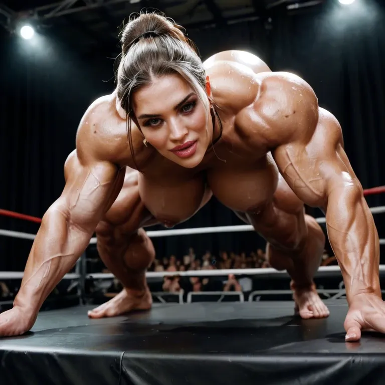 A female bodybuilder on stage, muscle Futa, female bodybuilder with super huge muscle on stage, brown hair, Bronze colored skin, large bulging muscle, super oversized veins, bulging hyper broad muscle, female bodybuilder on stage, black bodybuilding bikini, muscle dick, dick with large muscle and big massive veins, cock in bikini panties, cock in panties, huge female bodybuilder, bronze skin, breast implants