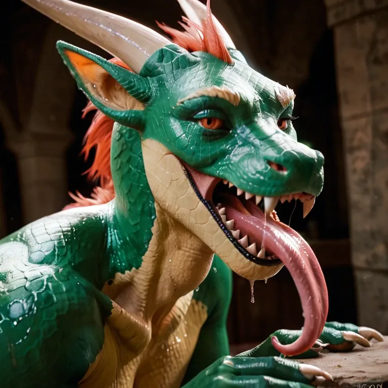 Green wet dragon with a long tongue without fur licking anal with long tongue, when anal in middle of the tits