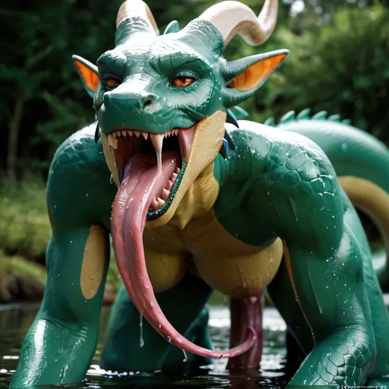 Green wet dragon with a long tongue without fur licking anal with long tongue, when anal in middle of the tits