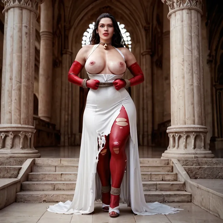 1girl,solo, , , , plump lips,hands raised,pink nipples,hips grab,neck bell, pants pull,palace,tied up,maroon bodysuit,sandals, white dress,torn pantyhose,metal rings,laced bodysuit,knee boots, micro skirt,socks,latex gloves,white bikini,heels, living room, restrained, shelf, western cartoon, very dark skin