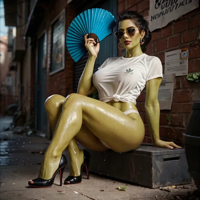 1girl,solo, , , , nostrils,hand fan,perky breasts,massive boobs,green skin male, plain t-shirt,lacey,sunglasses,wet panties,heels, office outfit, dark alley, medieval prison, source cartoon, sunlight, link, asuka