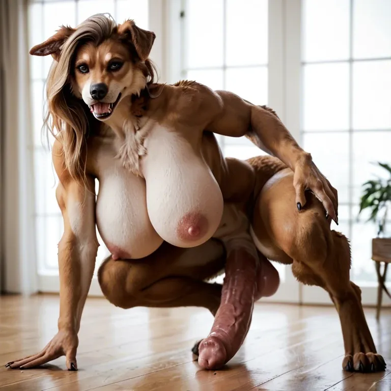 A sexy futanari werewolf, massive breasts, dog cock, full body, furry