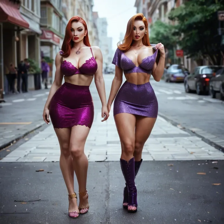 2girl, , , , thin nose,knee boots,big boobs,jessica rabbit,purple necklace, pulling shirt,gold anklets,sports cap,lace lingerie,strappy sandals, purple dress,purple necklace,capelet,hand on panties,thigh boots, bedroom, at the beach, cyberpunk, sweetie belle