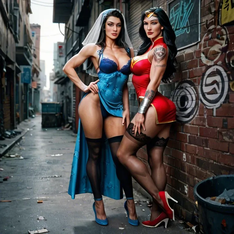 2girl, , , , china dress,tattooed arms,whore cleavage,pec squeeze,soft skin, skirt lift,black leggings,veil,blue bra,ballet shoes, bedroom eyes, alleyway, cyberpunk, wonder woman