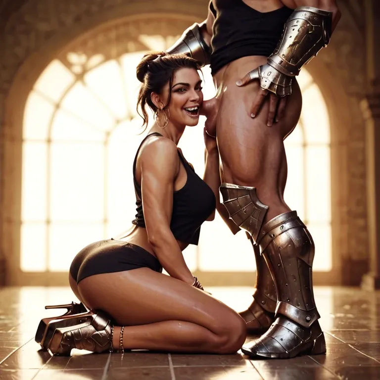 1girl,1boy, , , , sharp teeth,anklets,big boobs,grabbing ass,tank top, nostrils,armored boots,big perky boobs,backlit,shoulders, cheek press,kneeling female,big perky boobs,microwaist,one knee up, hotpants,baggy socks,elbow gloves,laced bodysuit,platform heels, bare shoulder, dark alleyway, castle exterior, photorealistic, bright day, spider-gwen