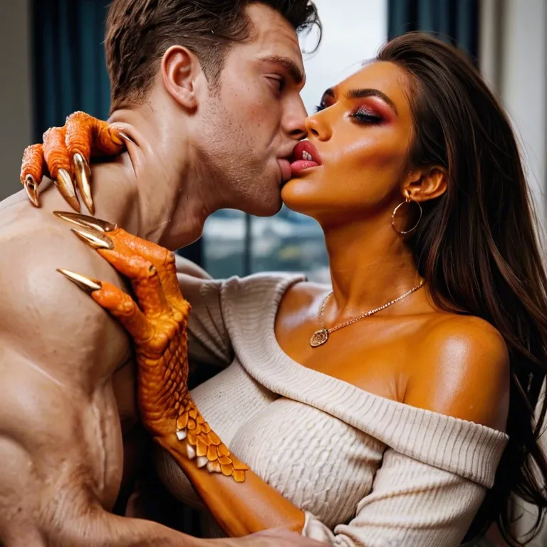 1girl,1boy, , , , pulling lips,monster hands,round boobs,thin waists,orange skin, sharp jawline,extra arms,firm breasts,boob,kissing neck, sweater,gold stockings,red sunglasses,white bikini,high heels, bare shoulder, new york city, equine dildo, spider-gwen, dynamic