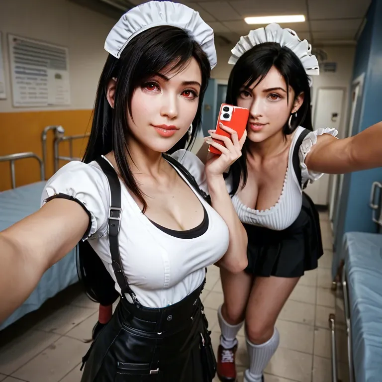 2girl, , , , cock on cheek,selfie arms,medium tits,relationship,standing up, black skirt,baggy socks,maid hat,white panties,shoes, hospital, alleyway, spaceship, tifa lockhart, spider-gwen