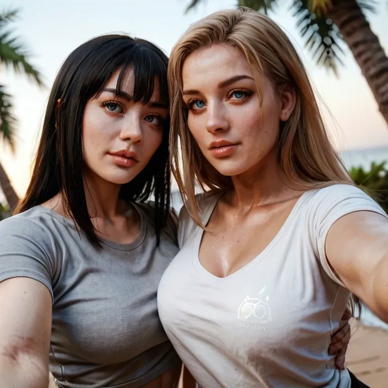 2girl, , , , mechanical eye,palm tree,medium tits,thin waists,collarbone, robot eyes,selfie arms,perky tits,oily breasts,kittan bachika, gray t-shirt,leggings,golden tiara,tight swimsuit,stiletto heels, tied shirt,pantyhose,golden tiara,frilled bikini,boots, nightgown,red thighhighs,gold earrings,showing thong,boots, bare midriff, tavern setting, in bed, painted, dark studio, samus, spider-gwen, rapunzel waifu