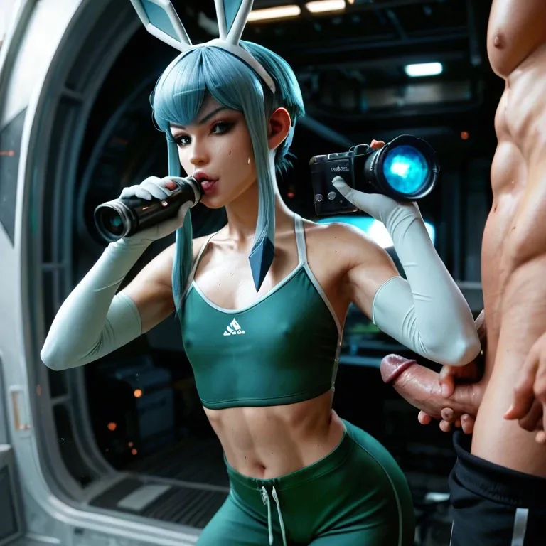 1girl,solo, , , , big lips,hands job,perky tits,flat chest,standing, sweatpants,glaceon,elbow gloves,green swimsuit,boots, oozora subaru, spaceship, close camera, lara croft, dynamic view