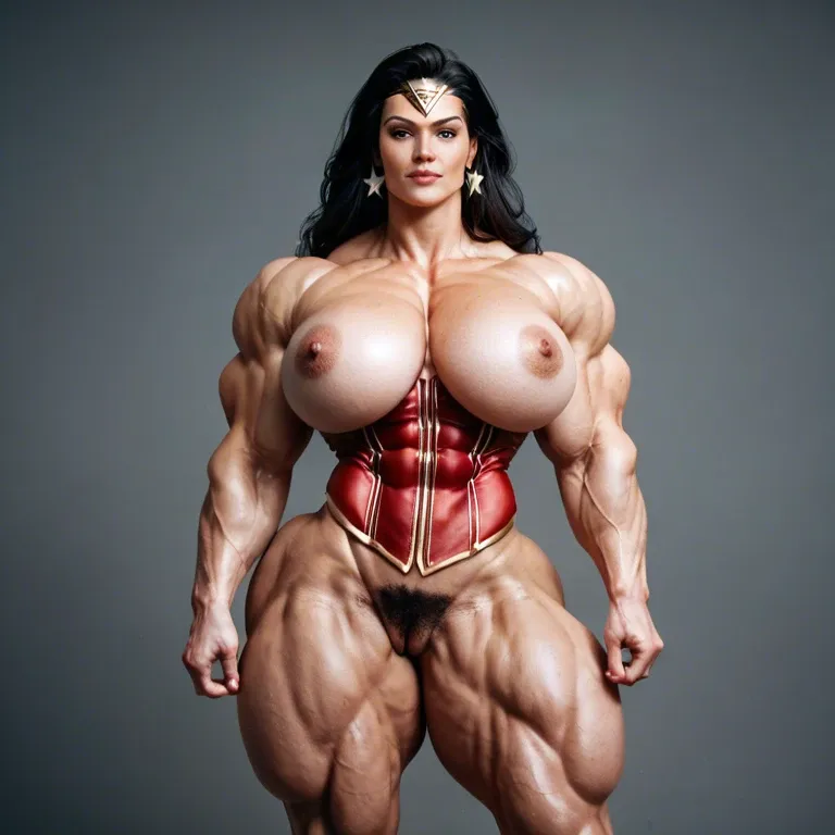 Hyper bodybuilding female,hyper muscular trapèze, hyper muscular épaule, hyper musclar biceps,nude boobs,nude hairy pussy, hyper muscular legs, hyper muscular mollet, wonder woman corset porte-jarretelle, pole dance