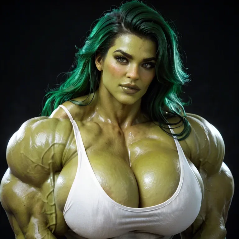 she hulk ,massive muscles,  big muscular body, huge fbb, veiny arms, massive traps, wide shoulders, confident, grinning, blushing, hyper real, muscle, murcular female, muscle girl, Big muscles, huge muscles, ripped muscles, thick pectorals, big biceps, tall woman, hyper muscle legs