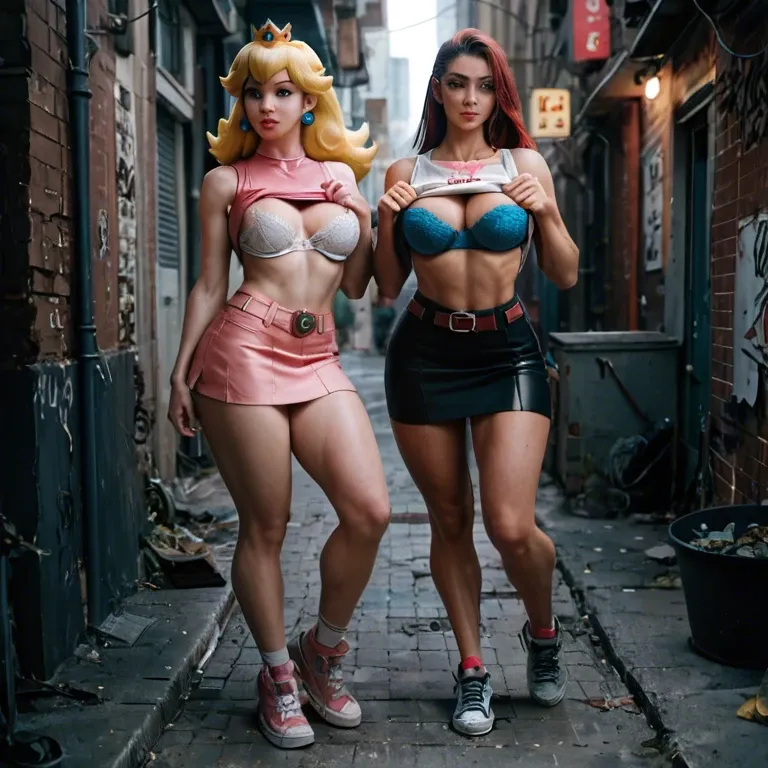 2girl, , , , facial freckles,hands down,big breast,thick hips,bare shoulders, shirt lifted up,white lace,belt,mini skirt bra,sneakers, bare tits, alleyway, cyberpunk, princess peach, spider-gwen