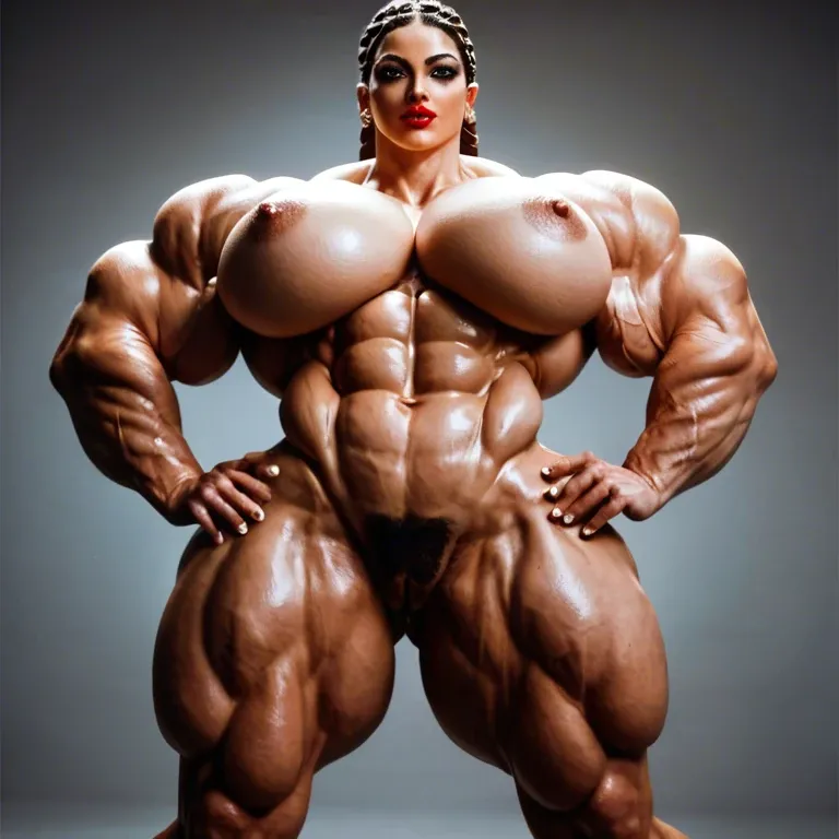 Hyper bodybuilding female,hyper muscular trapèze, hyper muscular épaule, hyper musclar biceps,nude boobs,nude hairy pussy, hyper muscular legs, hyper muscular mollet, female lingerie bas porte jarretelle latex, beach, futa big cock