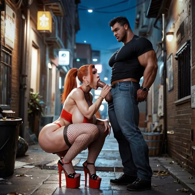 Sucking black two man's cocks double blowjob rubbing together gigantically massively inflated Biggest bimbo tits in the world redhead GILF full figure tall platform heels fishnet stockings large hooped earrings in a street alley at night by a dumpster squatting spreading legs sucking two large stick long black men's BBC cocks kneeling spreading her legs blowbang prostitute squatting