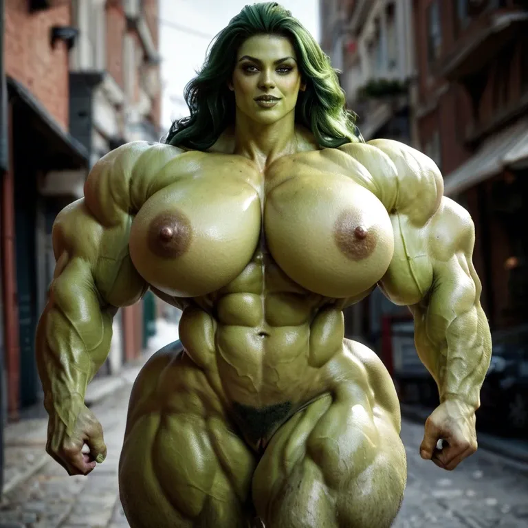 She hulk, Hyper bodybuilding female,hyper muscular trapèze, hyper muscular épaule, hyper musclar biceps,nude boobs,nude hairy pussy, hyper muscular legs, hyper muscular mollet, female lingerie bas porte jarretelle latex, beach, futa big cock