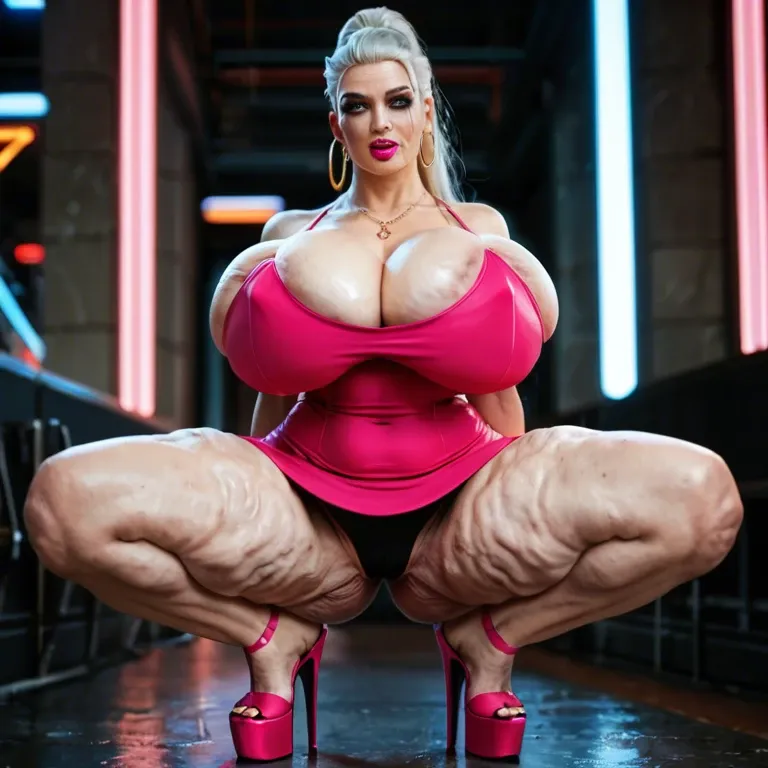 Jewish GILF platinum blonde hair full figured bimbo Botox lip injections. gigantic massive humongous huge breasts slutty whore makeup large hoop earrings neon pink mini dress platform heels sexy cellulite on her legs squatting spreading legs neon pink mini dress blowbang sucking on several large thick and really long interracial all black interracial cocks deepthroat squirting cum in the air onto the tits No panties wet pussy dripping onto the ground perfect AI generate an image