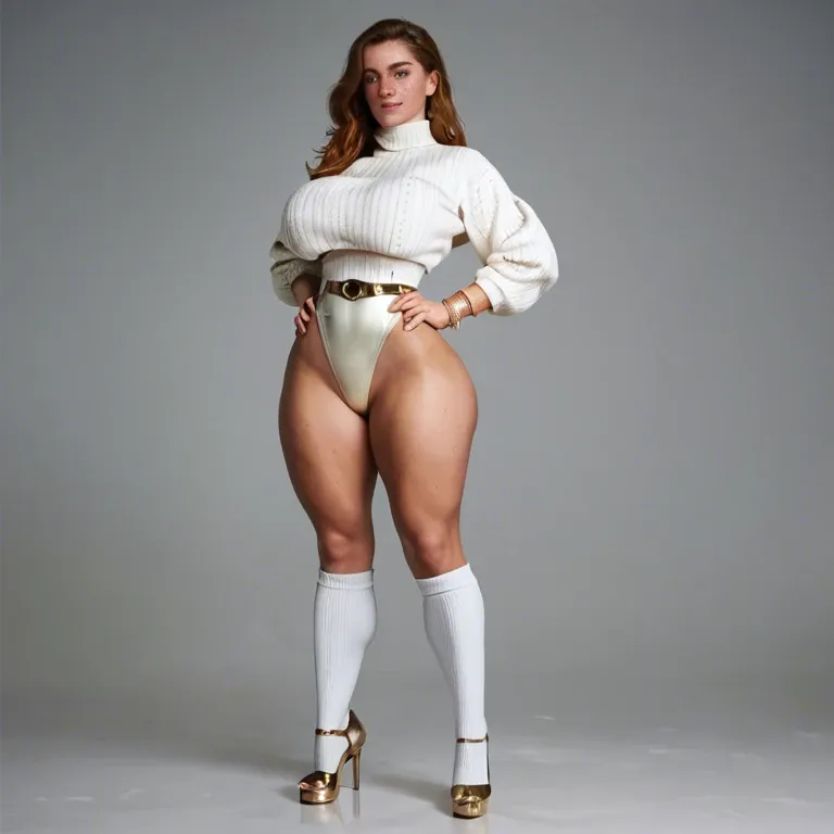 1girl,solo, , , , freckled breast,heel,big tits,hips grab,foreskin, white sweater,knee socks,gold bracelets,highleg panties,high heels, costume,white socks,jewelry,green bodysuit,white boots, brown jacket,lace stockings,frilled gloves,wet bra,shoes, bedroom eyes, city, medieval theme, bite bedsheet