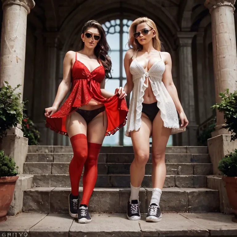 2girl, , , , bubble in nose,fingers,round tits,waists,bare shoulders, glittery dress,red stockings,hand on panties,panties visible,black sneakers, nightgown,socks,sunglasses,black panties,strappy sandals, bedroom, in the river, medieval, robot girl, spider-gwen, dynamic angle