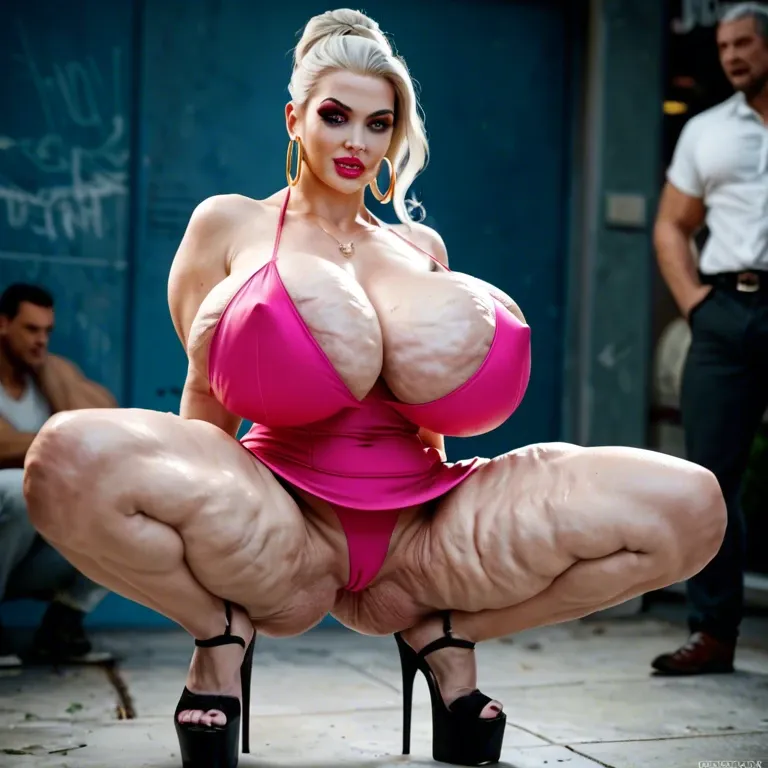 Jewish GILF platinum blonde hair full figured bimbo Botox lip injections. gigantic massive humongous huge breasts slutty whore makeup large hoop earrings neon pink mini dress platform heels sexy lite cellulite on her legs squatting spreading legs neon pink mini dress blowbang sucking on several large thick and really long interracial all black interracial cocks deepthroat squirting cum in the air onto the tits No panties wet pussy dripping onto the ground perfect AI generate an image