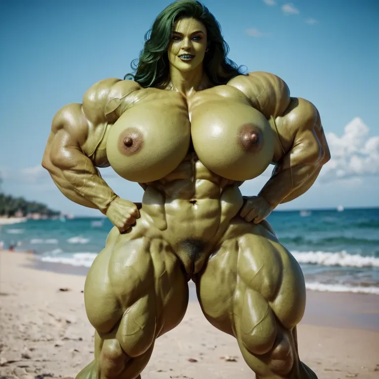 She hulk, Hyper bodybuilding female,hyper muscular trapèze, hyper muscular épaule, hyper musclar biceps,nude boobs,nude hairy pussy, hyper muscular legs, hyper muscular mollet,  beach, futa big cock