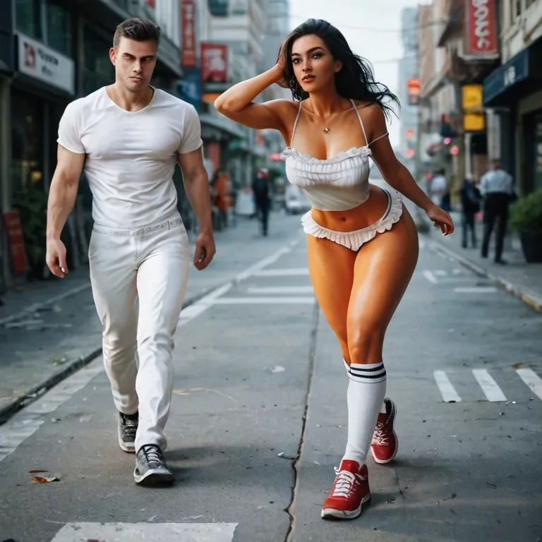 1girl,1boy, , , , scar across eye,camisole,detail areola,large hips,orange skin, white pants,knee socks,jewelry,frilled bikini,running shoes, bare ass, new york city, spaceship, computers, link