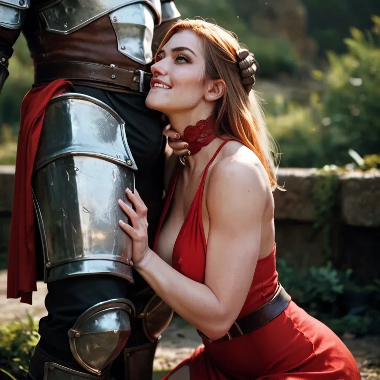 1girl,1boy, , , , molest,armor,round tits,belly,light oily skin, biting your lip,two-footed,nipple,back female,hold neck, red dress,knee-high socks,tennis cap,lace panties,heels, gymnast, train, castle exterior, lara croft, ariel