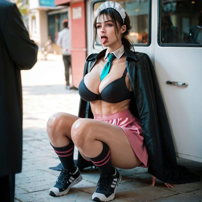 2girl, , , , watching,shiny tongue,round breasts,wide hips,aqua necktie, pink dress,striped clothes,cape,gray sports bra,black sneakers, black jacket,knee socks,maid hat,black bra,no shoes, torn skirt,black leggings,fur hat,bra lift,stiletto heels, sit on a couch, city, cyberpunk, table, very detailed, dim lighting, rapunzel, dynamic