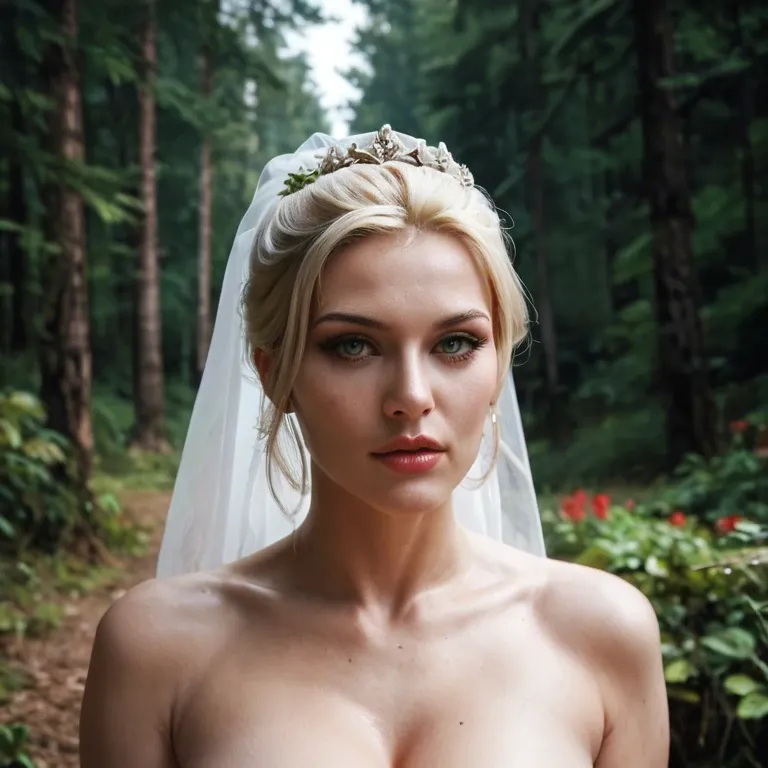 Nude woman, russian, blonde, perfect body, beautiful face, forest, bride