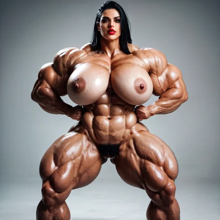 Massive bodybuilding female, massive muscular trapèze, massive muscular épaule, massive musclar biceps, nude boobs, muscle abdos, nude hairy pussy, hyper muscular legs, massive muscular mollet, female lingerie bas porte jarretelle