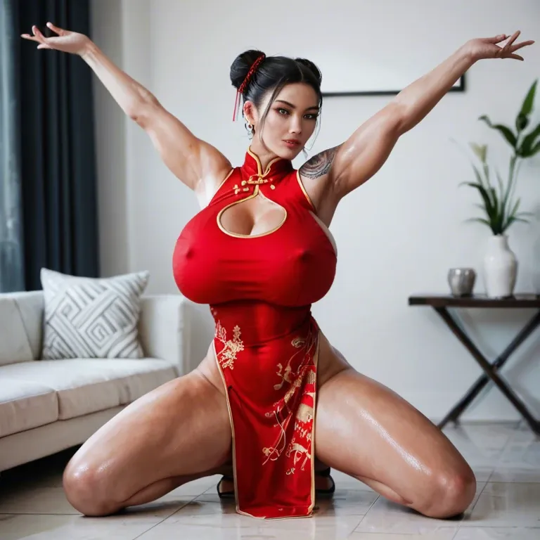 1girl,solo, , , , stretching,male legs,perky tits,turn back,shoulder tattoo, china dress,arms spread,huge breast,high waisted,knees apart, jaw,shiny,round tits,cozy background,yellow tank top, skirt lift,lacey,military hat,black thong,heels, bathtub, street fighter, castle, facing camera, zelda, anna