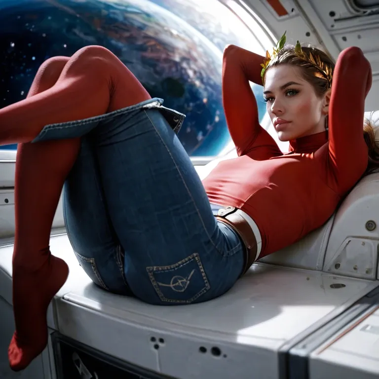 1girl,solo, , , , eyelashes,knees up,flat chest,leaning back,elbow gloves, high nose,thigh highs,round boobs,space ship,broad shoulders, tight jeans,red thighhighs,laurel crown,panties,armored boots, striped skirt,knee-high socks,pink choker,orange leotard,platform heels, bedroom eyes, new york city, cyberpunk, shelf, ultradetailed, sunlight, princess zelda, wonder woman