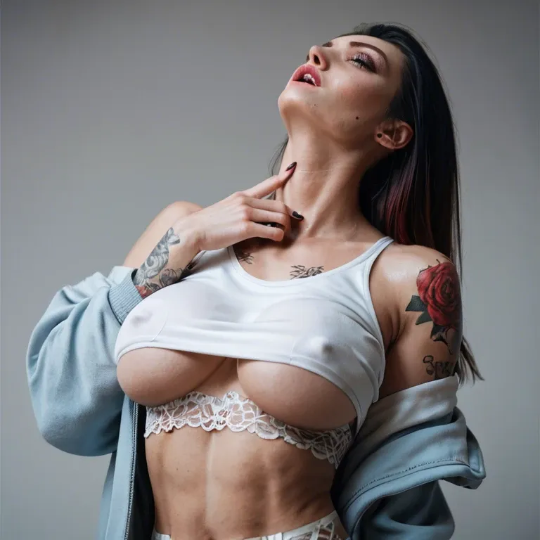 1girl,solo, , , , mole,tattooed arms,big breast,massive boobs,skinny abdomen, mole on breast,hand over mouth,nipple bulge,head back,wide shoulders, sweatshirt lift,lace lingerie,circle glasses,lace bra,ballet shoes, cropped jacket,blue stockings,tiara,green swimsuit,white boots, red tight pants,anklets,racing gloves,showing thong,gothic boots, bedroom eyes, trained thighs, spaceship, hyperdetailed, well-lit, mario, sweetie belle, rapunzel waifu