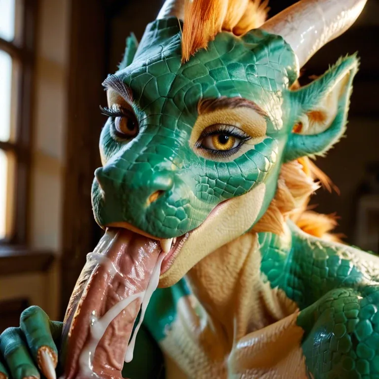 Sexy green dragon without fur, with big tits sucking the very big cum dick in front of you