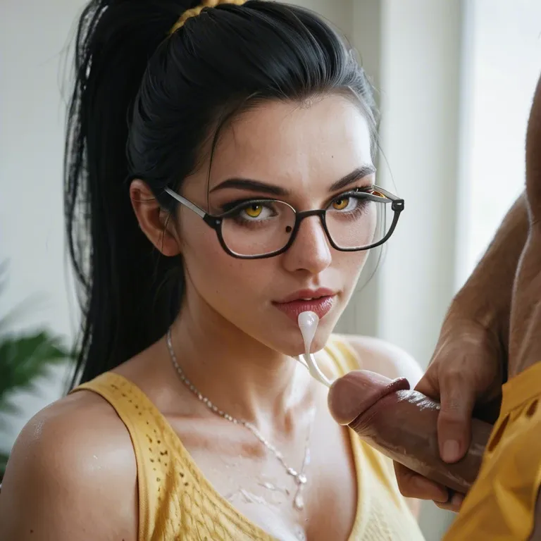 Black hair, glasses, ponytail, yellow skirt, cumshot