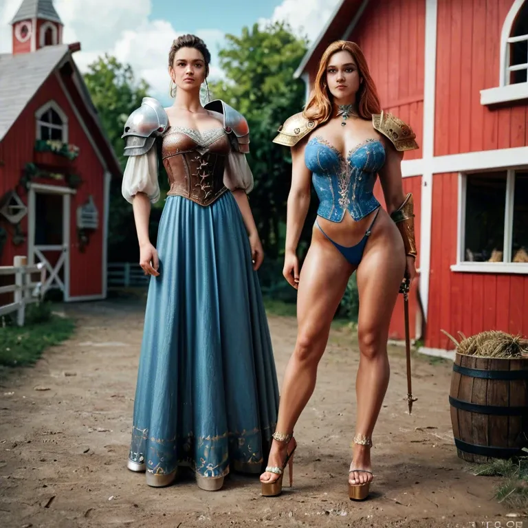 2girl, , , , thin nose,long toes,perky tits,very slim waist,shoulder pads, medieval dress,gold anklets,blue panties,lace thong,platform heels, barn, street, spaceship, red ball gag, detailed, bright colors, princess peach, elsa, rapunzel waifu